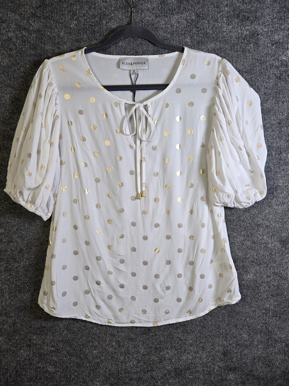 Alex and Parker Top Womens M White Gold Sparkle Dot Puff Sleeve Peasant Summer